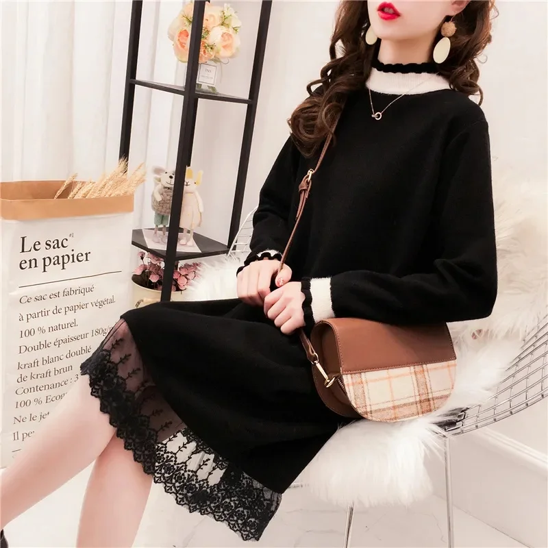 Sweater Dress Women Knitted Lace Stitching Dress Autumn Winter New Female Knitt Long Sleeved Dresses Mujer Vestidos