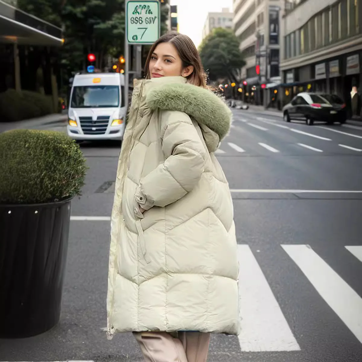 Damska kurtka zimowa 2025 z futrzanym kołnierzem, zapinana na zamek, długa, ocieplana, z wysokim kołnierzem, gruba, ciepła kurtka bawełniana dla kobiet.