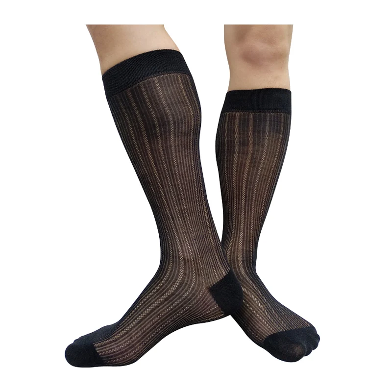 Knee High Mens Socks Formal Dress Suit Black Striped See Through Sexy Lingerie Mens Stocking Hose Business Wedding Gifts