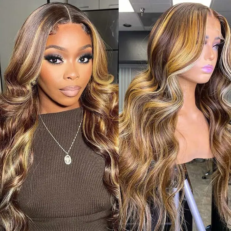 Highlight Body Wave Ombre Color 4/30Transparent Lace Front Human Hair Wig Remy 13X4 13X6 Lace Frontal Human Hair Wigs For Women