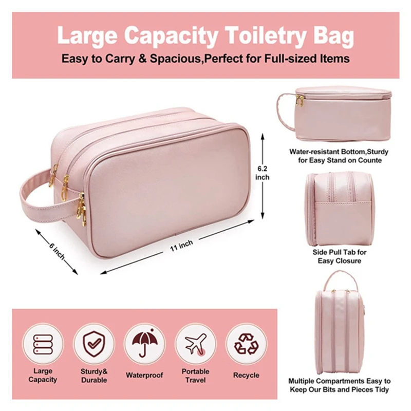 Water Resistant Toiletry Bag For Women Travel Essentials Travel-Makeup-Bag Eco Leather Cosmetic Makeup Organizer