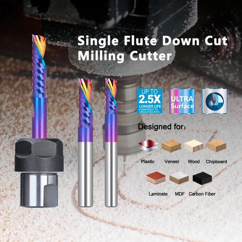 XCAN Down Cut Carbide Endmill CNC Milling Cutter Engraving Bit for Woodworking Tool Single Flute Router Bit 3.175-12mm Shank