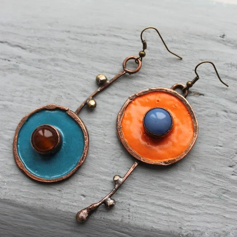 Classic Asymmetric Ancient Bronze Metal Painting Drop Earrings Women Ethnic Red Blue Stone Statement Earrings Party Accessories