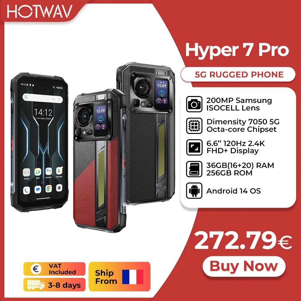 [Ship From France] HOTWAV Hyper 7 Pro 5G Rugged Phone 200MP Android 14 6.6'' 120Hz Smartphone 16GB 256GB 10800mAh Cell Phone