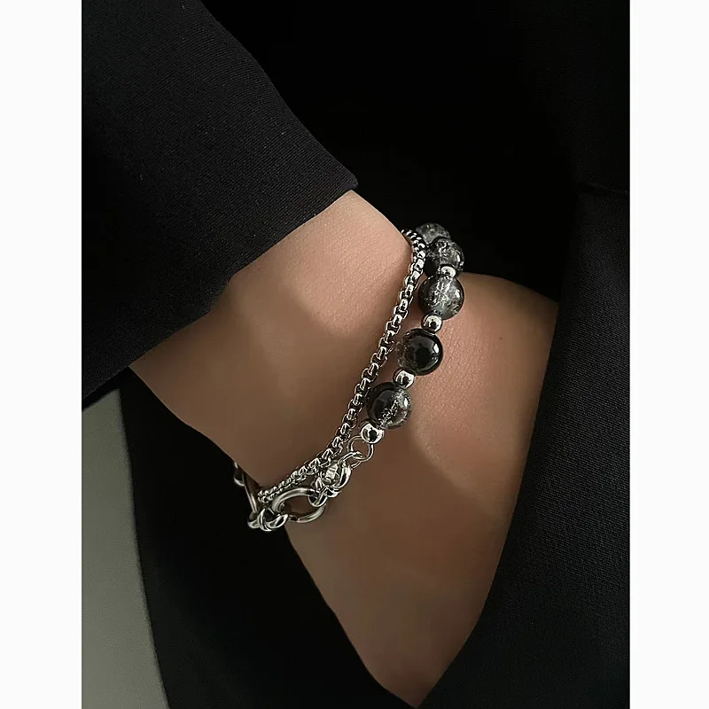 Lennik Pulsera empalmada de acero de titanio para hombres y mujeres, diseño original de hip-hop de nicho, cadena de doble capa y hilo de cuentas agrietadas