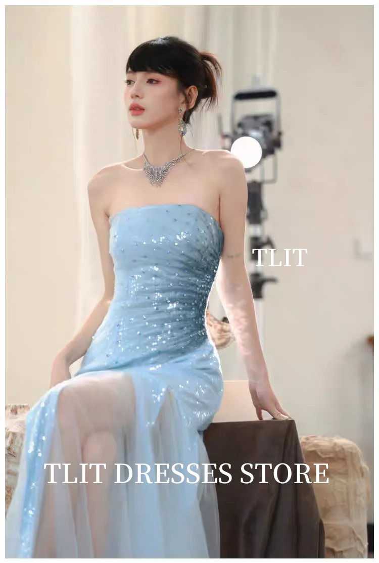 فستان سهرة أنيق مزين بالكريستال من TLIT بدون حمالات فساتين حفلات بفتحة عالية مطرزة بدون ظهر مخصصة للحفلات الرسمية