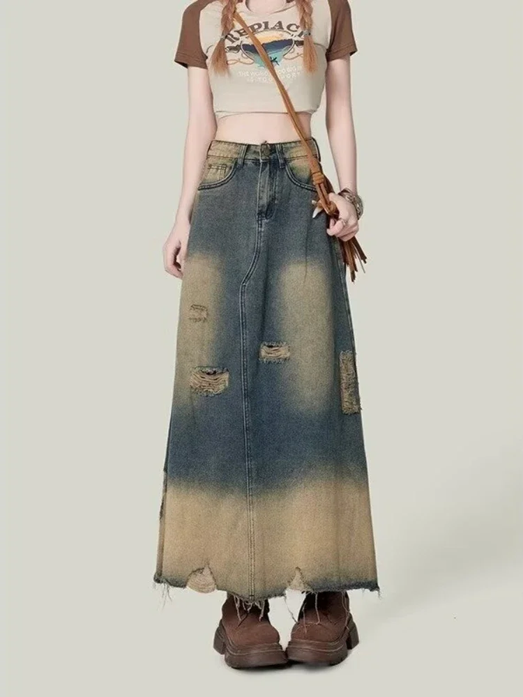 

Denim Skirts Women American Retro Washed Fashion Distressed Chic Ripped Summer Design High Waist A-line Raw Edge Ankle Length