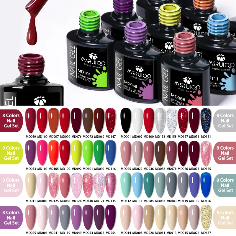 

Набор из 8 гель-лаков по 8 мл: популярные оттенки нюд, розовый, красный, коричневый. Набор гель-лаков для ногтей, смываемый, УФ/LED, полуперманентный.