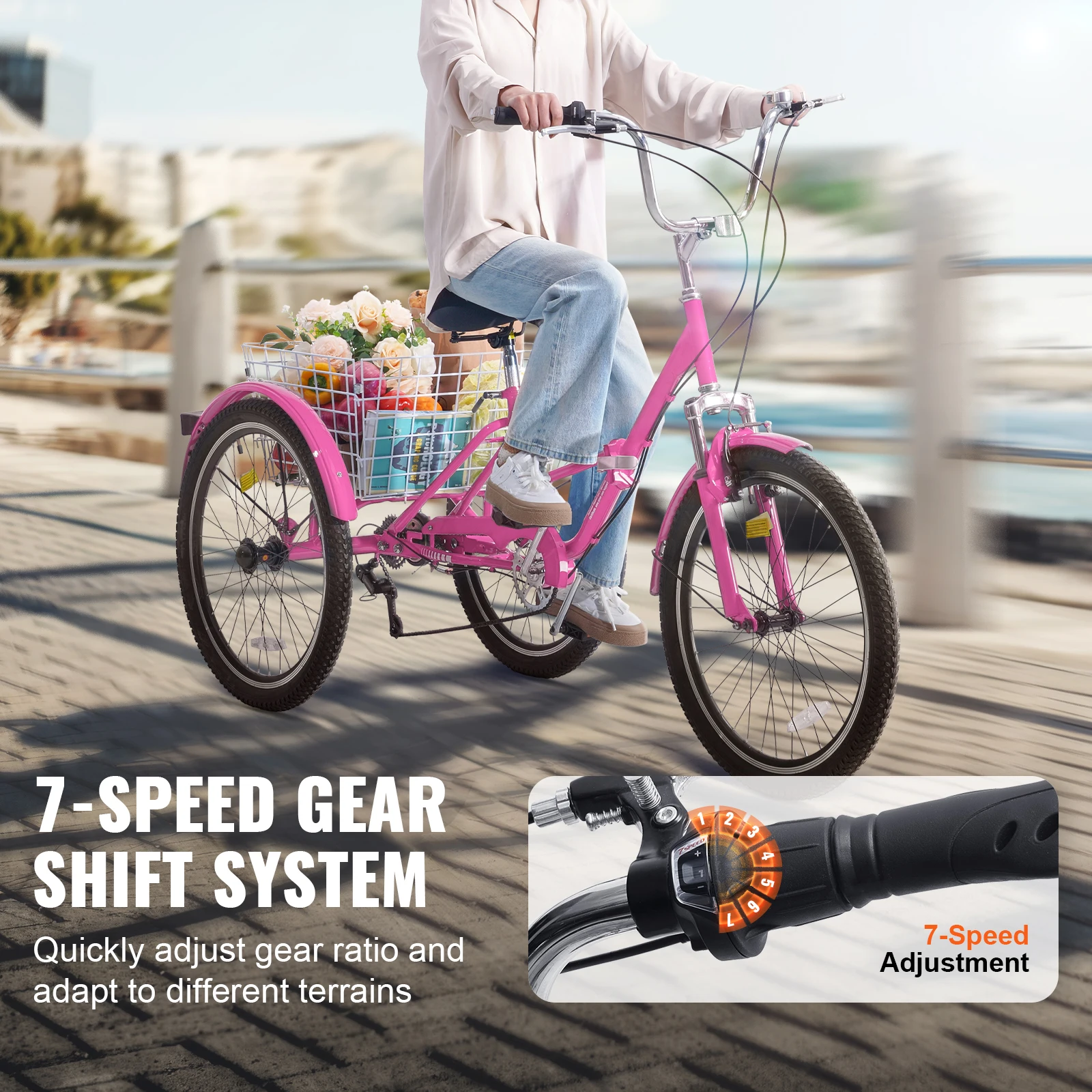 SucceBuy 24-дюймовый 7-скоростной складной трехколесный велосипед для взрослых, складной трехколесный велосипед из углеродистой стали, 3-колесный круизер с корзиной для покупок, пикника