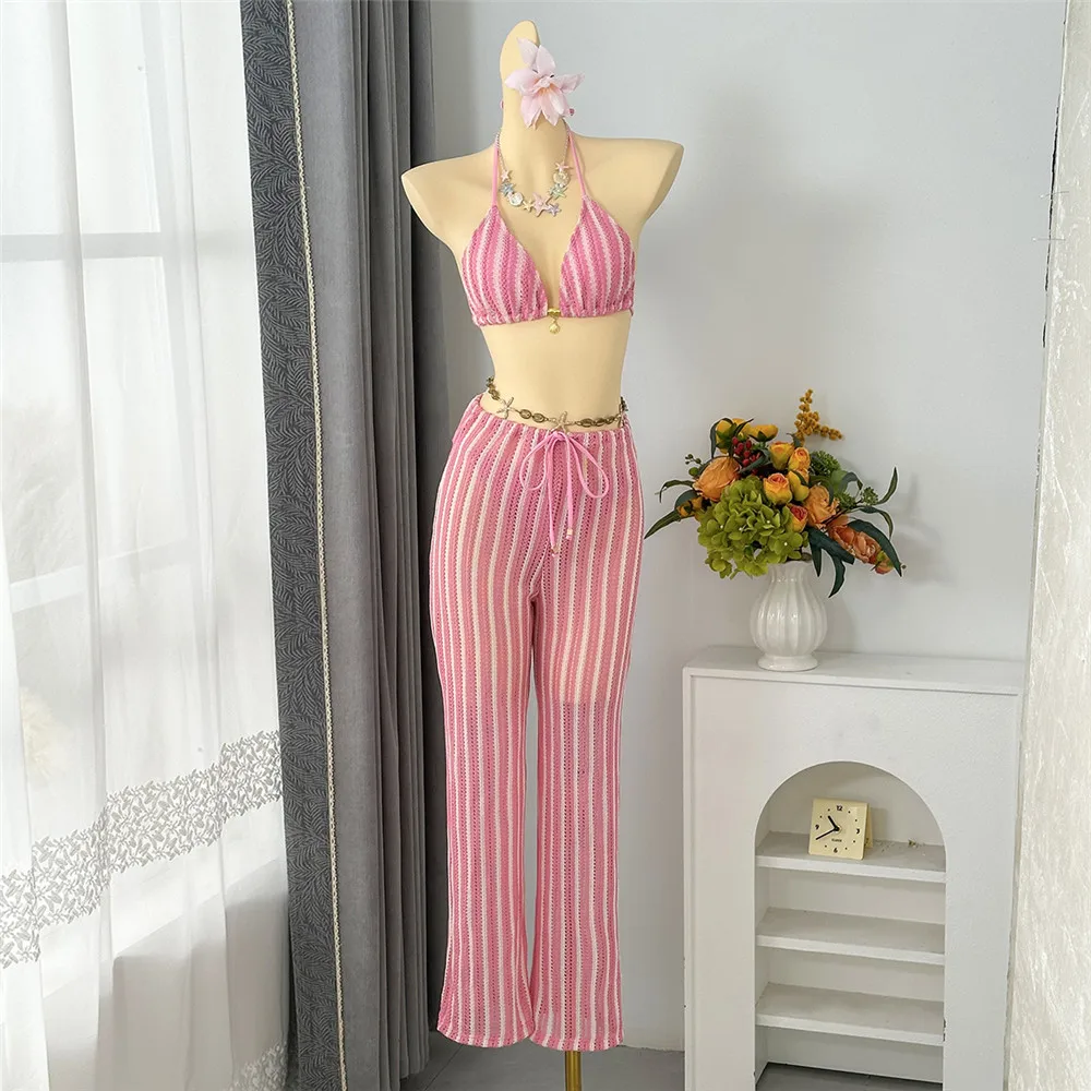 

Pink Striped Crochet Swimwear Trousers String Halter Triangle Bikinis Sets 3 Piece Micro Thong Sexy Swimsuit Woman 2026 Bikini