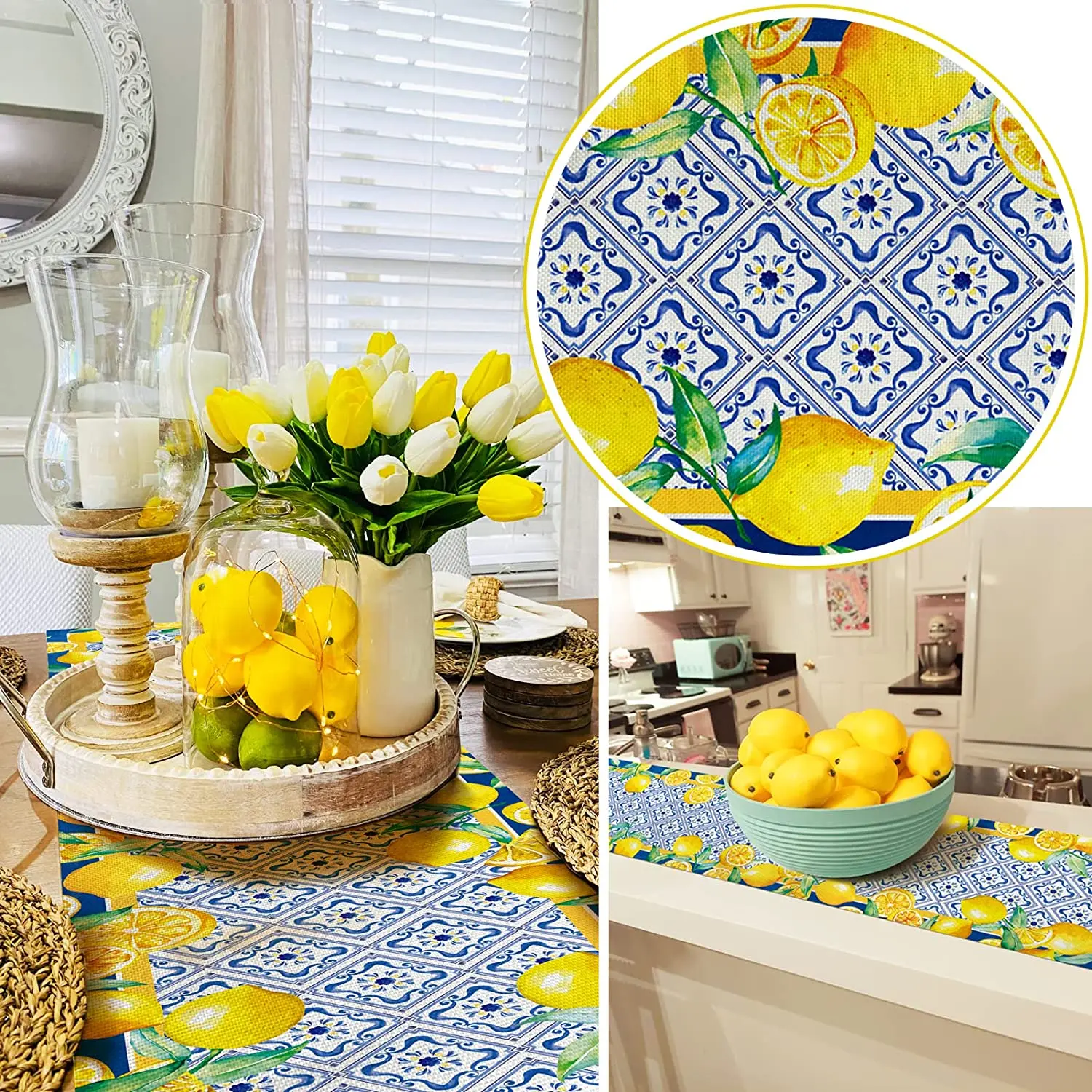 Lemon Table Runner Teal Blue Lemon Fruit Farmhouse Table Runner Seasonal Kitchen Table Decoration Home Party Decor Accessories