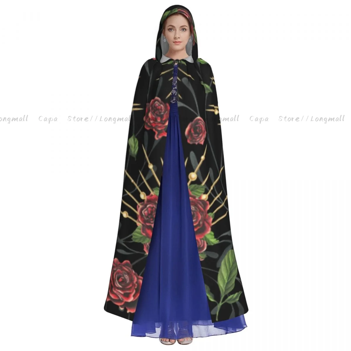 Skulls With Red Roses Crown Branches Cloak Hooded Cosplay Costume Halloween Adult Long Party Cape