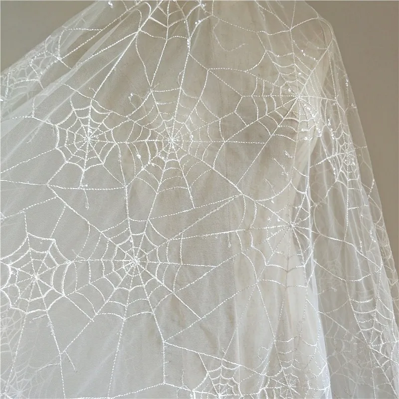 Black and -White  Spider Web Sequins Lace Fabric  Wedding Dress Children\'s Wear Stage Clothing DIY Cloth RS4026