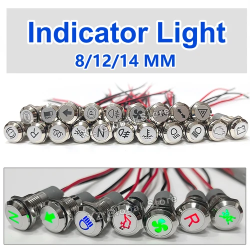 8/12/14mm símbolo led indicador luz 12V 24V plata indicador de metal Dash piloto luz con alambre coche tablero de mando ruck maquinaria