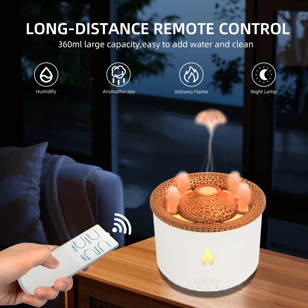 Volcano Aroma Diffuser & Humidifier  2-in-1 Dual Mist Modes, Remote Control & 6 Premium Essential Oils - Auto Shut-Off for Home/