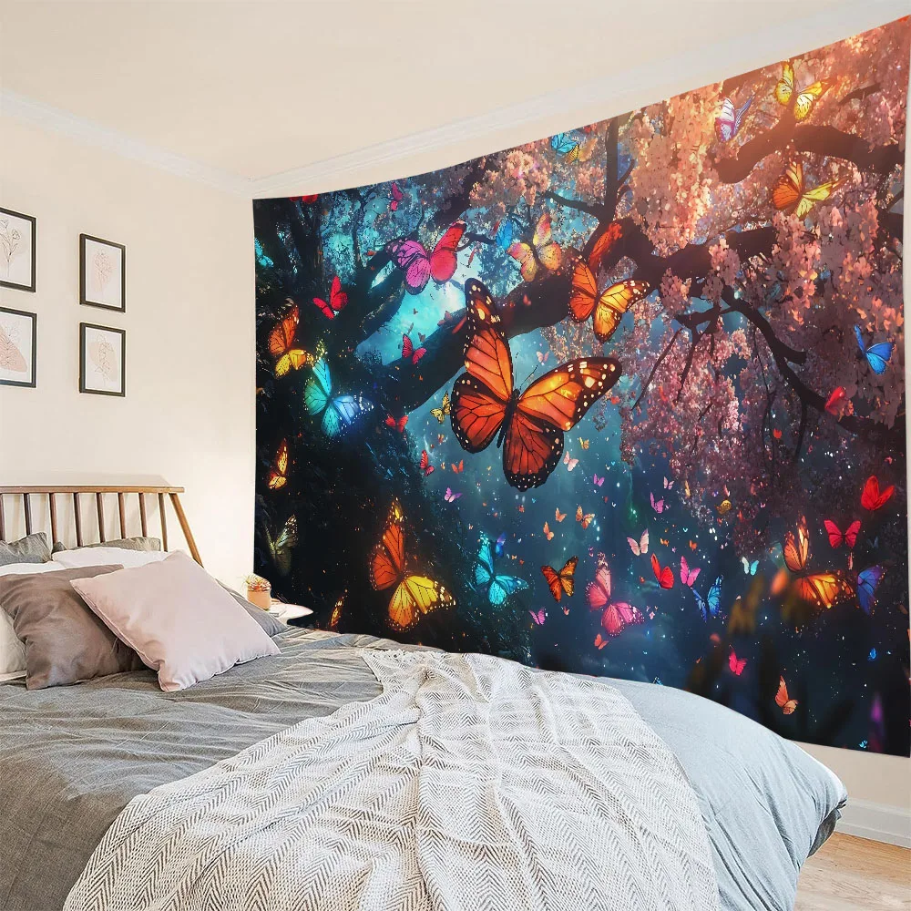 

Fairy tale forest tapestry psychedelic butterfly wall hanging cloth, home decoration background poster, bedroom fabric mural