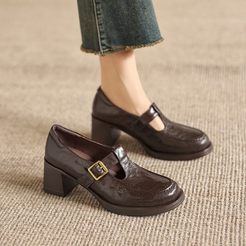 

Women's New Spring and Autumn Genuine Leather Sheepskin Metal Belt Buckle High Heels Large LeFu Shoes Casual Fashion Shoes