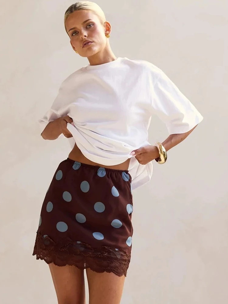 JULISSA MO Patchwork Lace Print Polka Dot Women Skirt Coffee High Waist Y2k Mini Skirt Female Spring Slim Casual Streetwear 2026