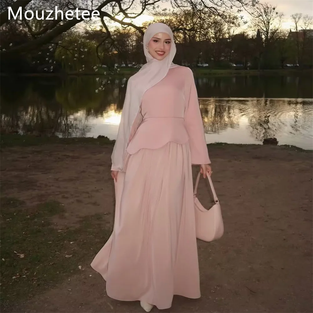 

Mouzhetee Simple A-Line O-Neck Pink Evening Dresses Formal Party Gowns for Women Long Sleeve Simple Prom Gown Customized 2026