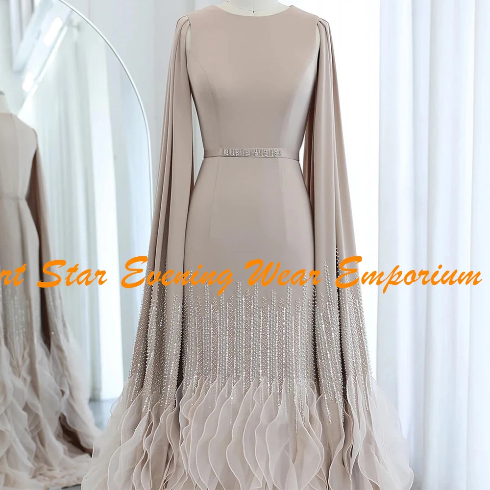 Customized Luxury Beading Ruffles  Evening Dress with Belt Long Sleeves O-Neck Zipper Back High Quality Ruffles Party Dresses