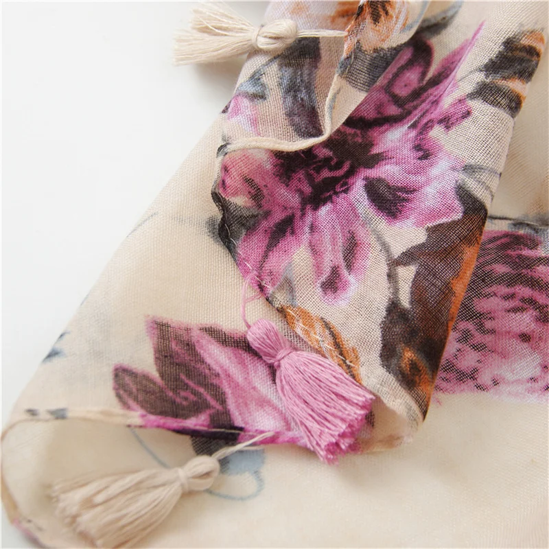 Fashion Printing Flower Tassel Shawl Cotton Viscose Scarf Women Beach Sunscreen Shawl Muslim Hijab Wrap Headscarf 180*90cm