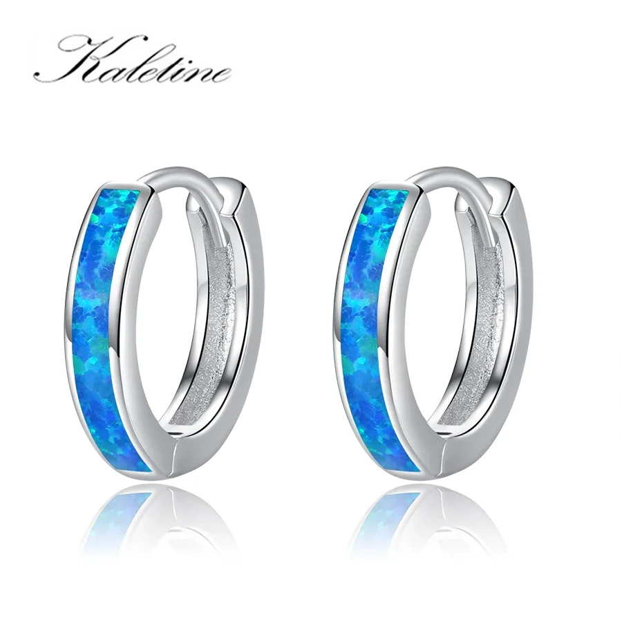 KALETINE Classic Female Blue Opal 925 Sterling Silver Wedding Earrings Jewelry Dainty Bridal Round Hoop Earrings For Women