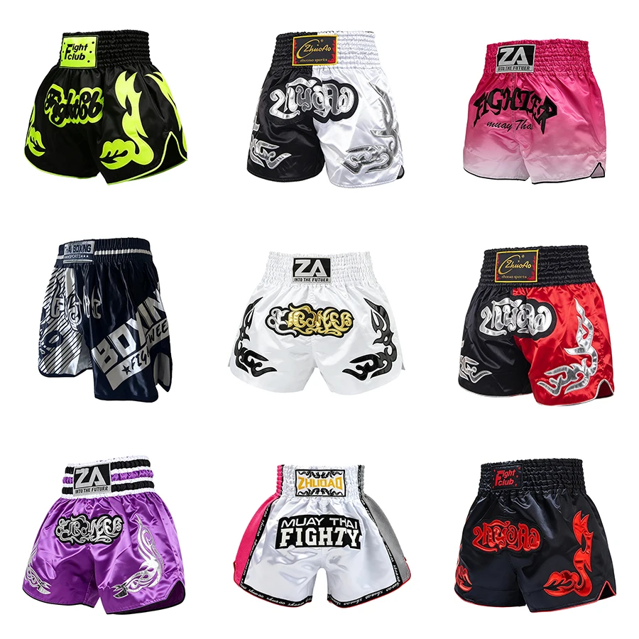 Muay Thai Shorts Boxshorts Traditionelle Thai-Flammen-Stickerei Herren Damen Kinder Gym Kampfsport MMA Kickboxen Trainingshosen