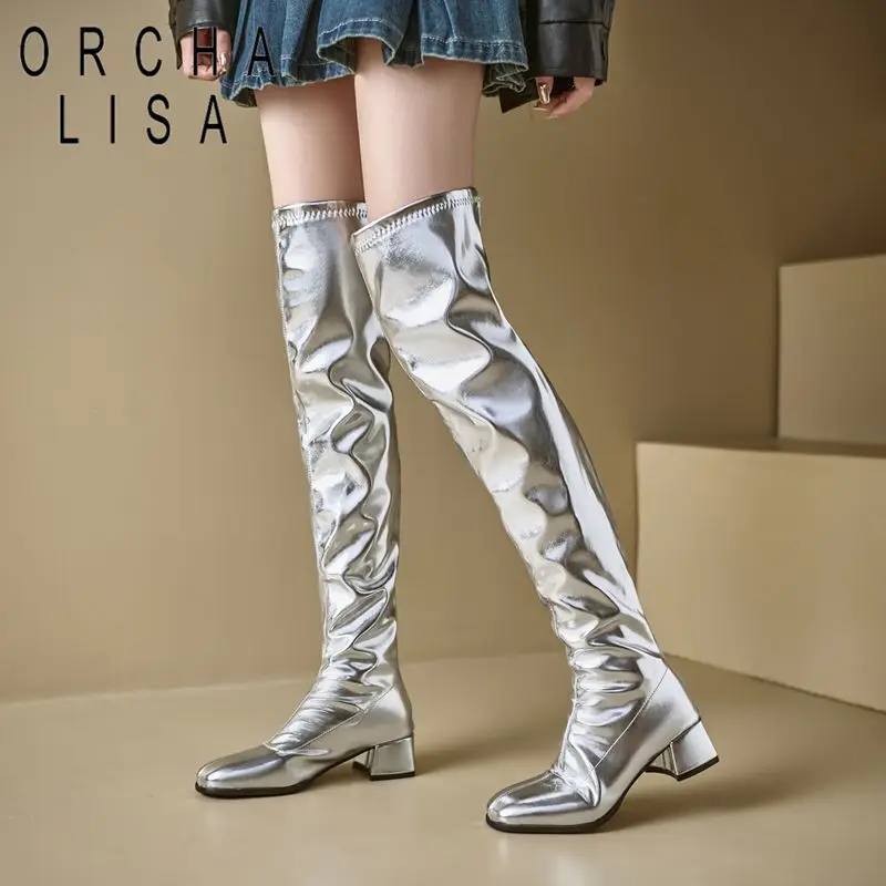 ORCHA LISA Silver Womens Upper Leg Hot Shoes Circular Toe 4.5cm Sturdy Heel Zip Folded 32 33 42 43 44 45 46 Tall Booties