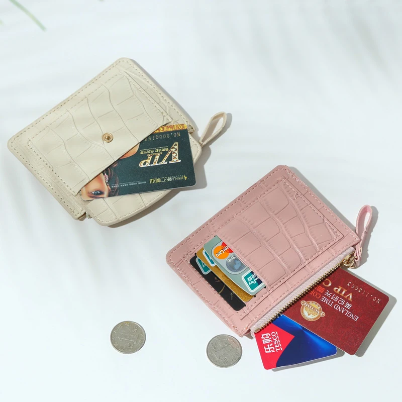 Cartera de cuero Pu con cremallera para mujer, Bolso pequeño para tarjetas de dinero, monedero