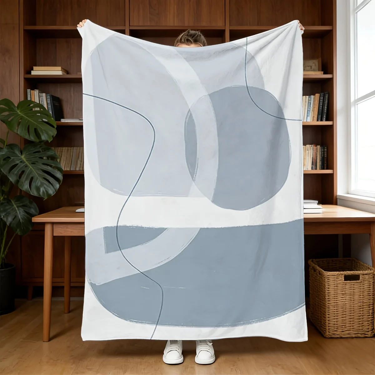 Nordic Abstract Round Line Muted Blue White Throw Blanket Gentle Fabric for Bedroom Travel Minimal Warm Household Present