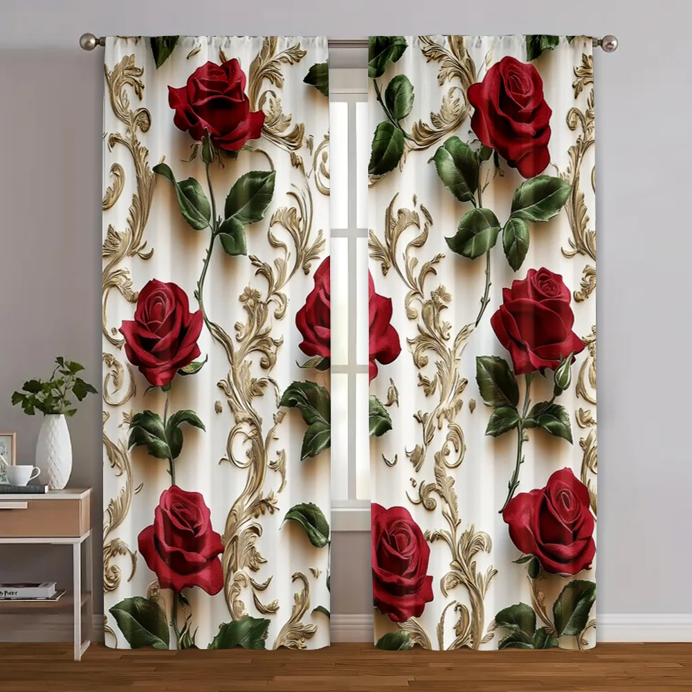 2pcs, Upscale Curtains 2D print Red Roses & Golden Floral Pattern Polyester Woven (without rod) All Seasons for Bedroom and