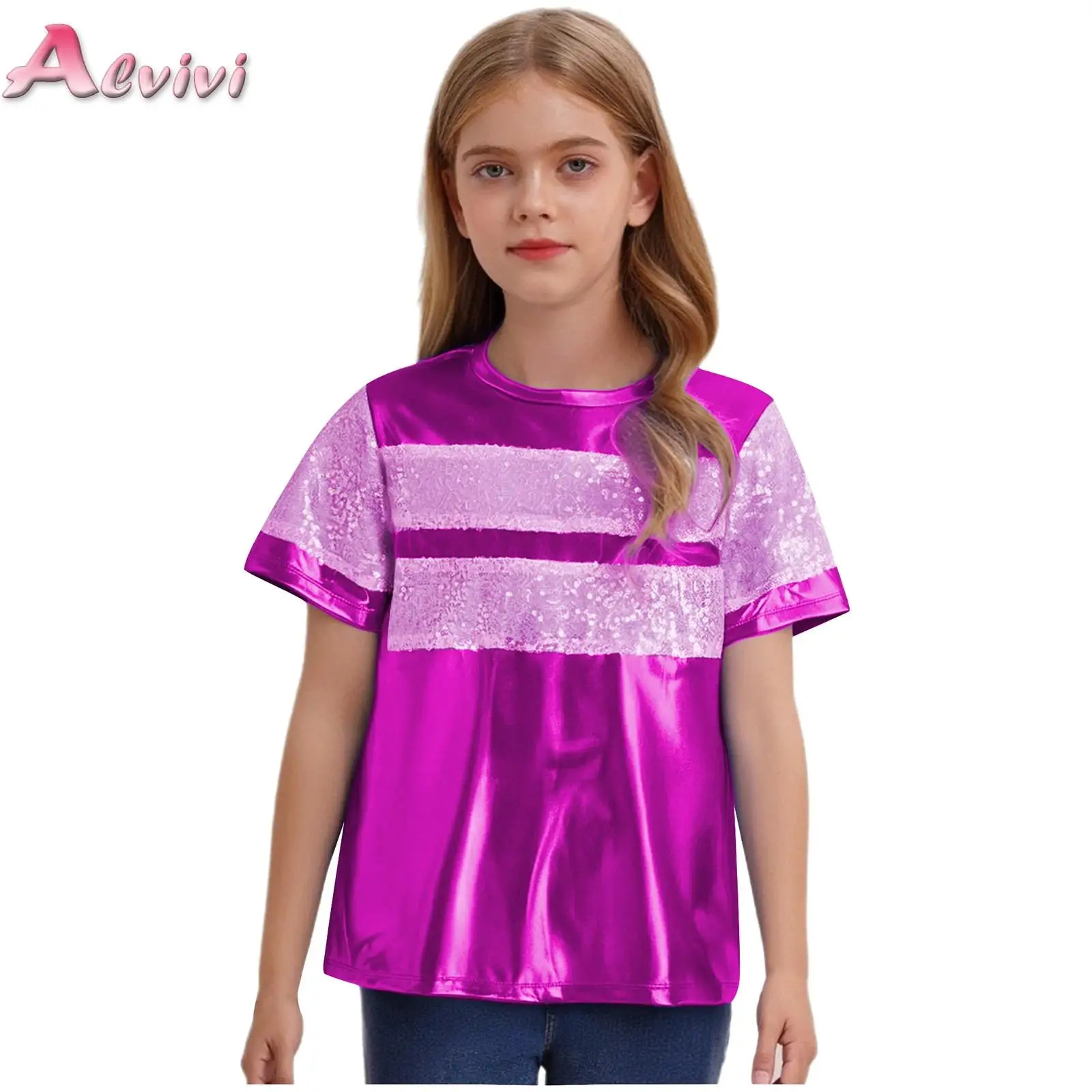 

Kids Boys Girls Metallic Sequins T-shirts Top Shiny Bright Blouse Dancewear Jazz Hip Hop Modern Dance Stage Performance Costume