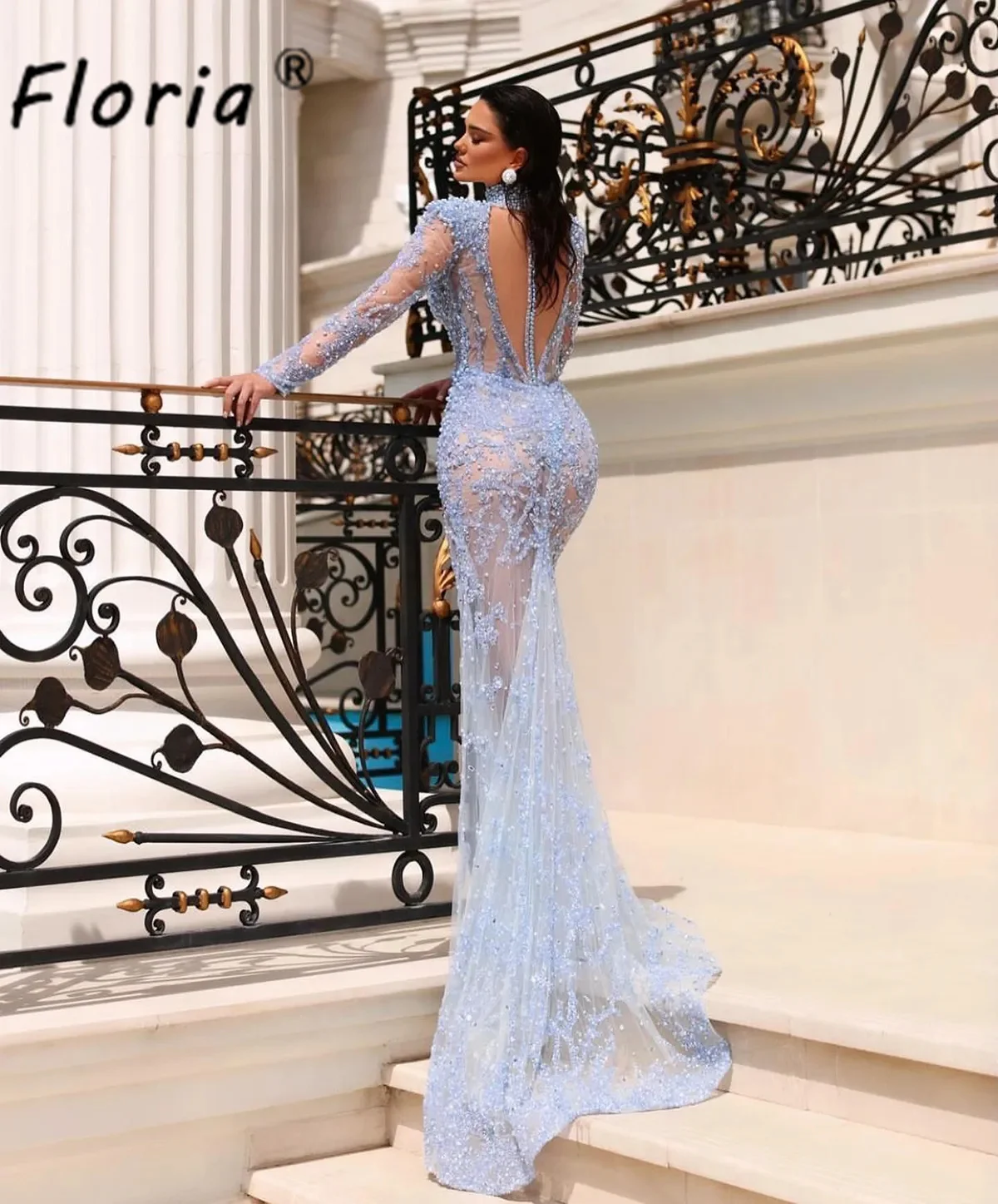 Encantador vestido de fiesta Formal con cuentas de ilusión azul con abertura lateral, elegante vestido de manga larga con borlas de perlas, vestidos para eventos nocturnos y bodas