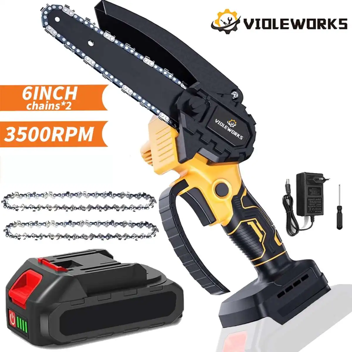 

VIOLEWORKS Mini Electric Chainsaw with 2 Chains 6 Inch 2000W Cordless Handheld Chain Saw Rechargeable for Makita 18V Battery