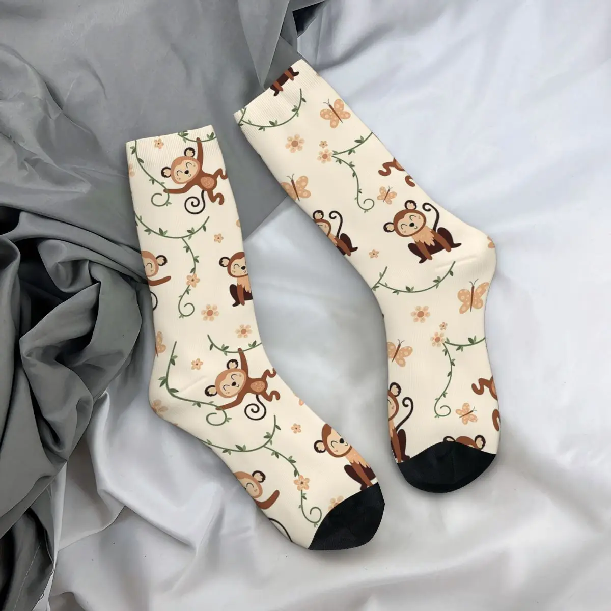 All Seasons Crew Stockings Cartoon Monkey With Leaves Pattern Socks Harajuku Long Socks for Men Women Valentine's Day Gifts