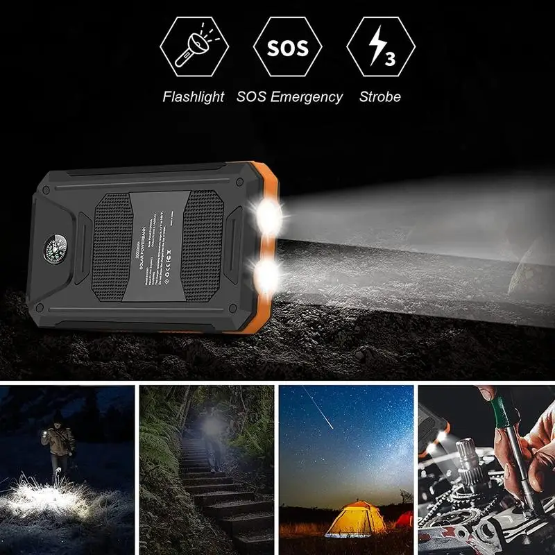 Solar Power Bank 10000mAh – Portable Charger with LED Light – External Battery for Smartphones