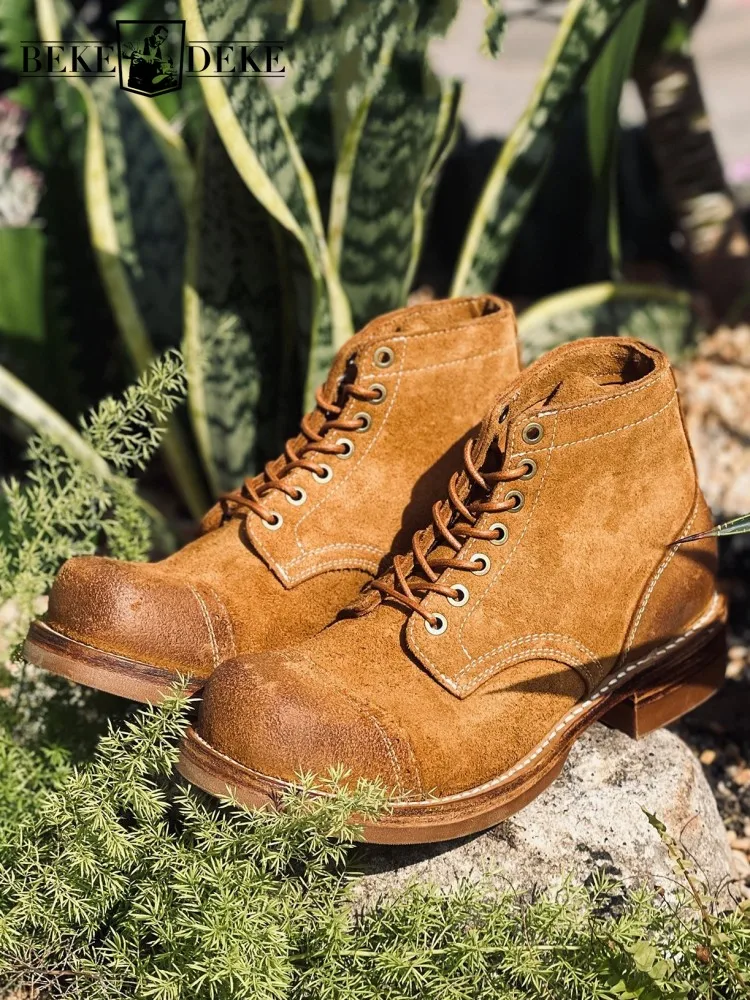 Handmade Mens Genuine Leather Shoes Lace Up Vintage Suede Cowskin Work Cargo Boots High Quality Casual Motorcycle Short Boots