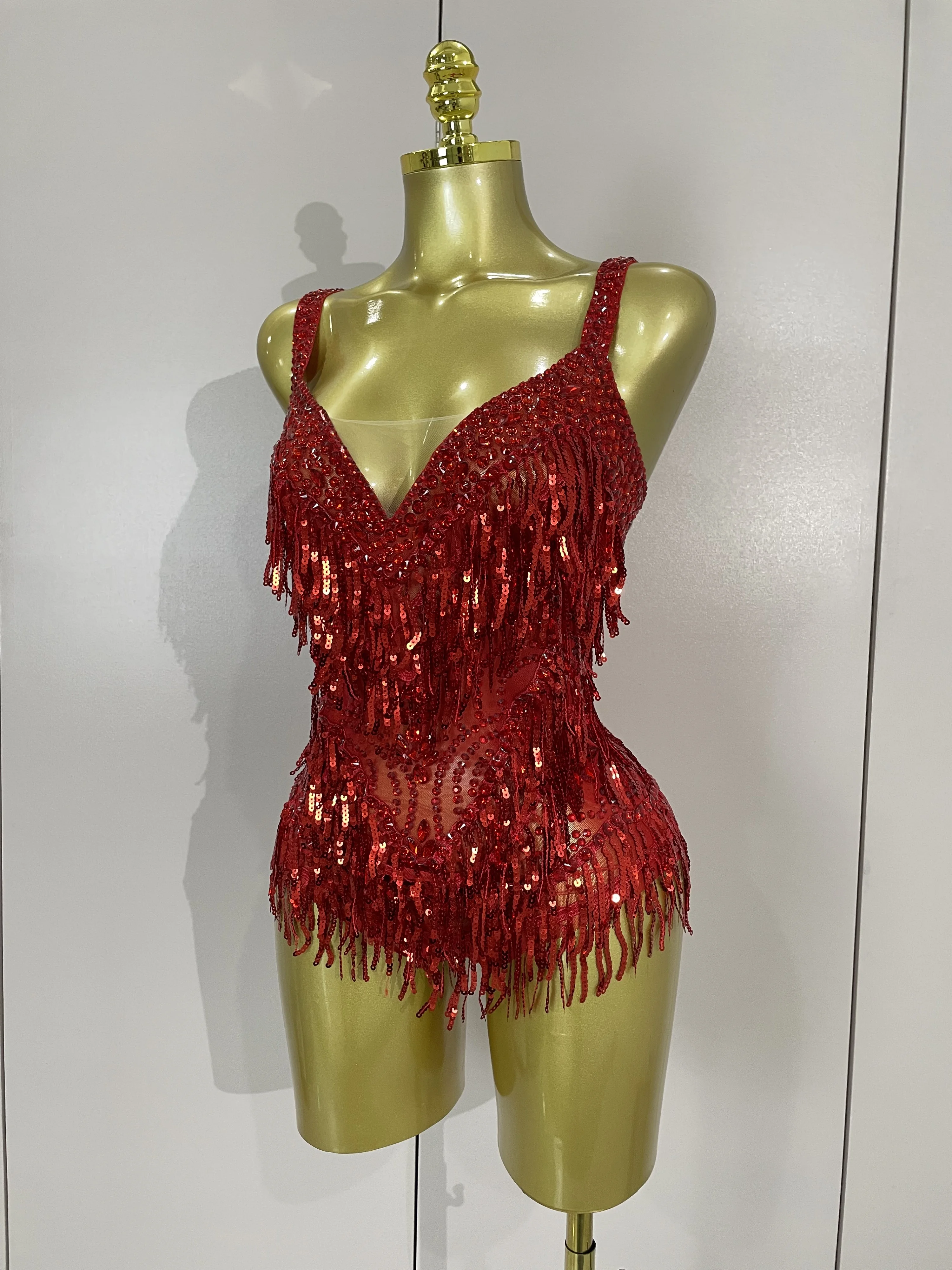 Sexy Luxury Sparkly Rhinestones Sequins Tassel Mesh Bodysuits Women Celebrate Birthday Party Nightclub Bar Dencer Stage Costume