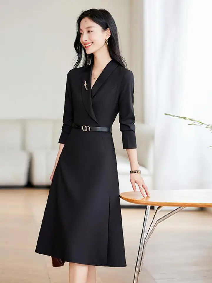 Korean Fashion Women Black High Waist Elegant Office Long Sleeves Dress  Autumn Winter Beige Slim Festival Plus Size A-line Dress - AliExpress  200000345
