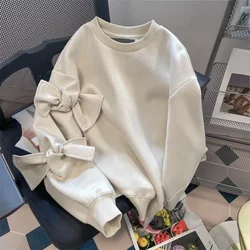 French Small Fragrance Sweatshirts Bow Solid Color O Neck Long Sleeve Casual Loose Hoodies Autumn Harajuku Y2k Women's Clothing