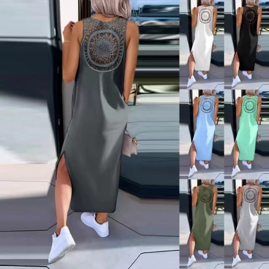 

Womens Dresses 2026 Summer Fashion Slit Hollow Out Casual Plain Round Neck Sleeveless Daily Straight Mid Calf Dress