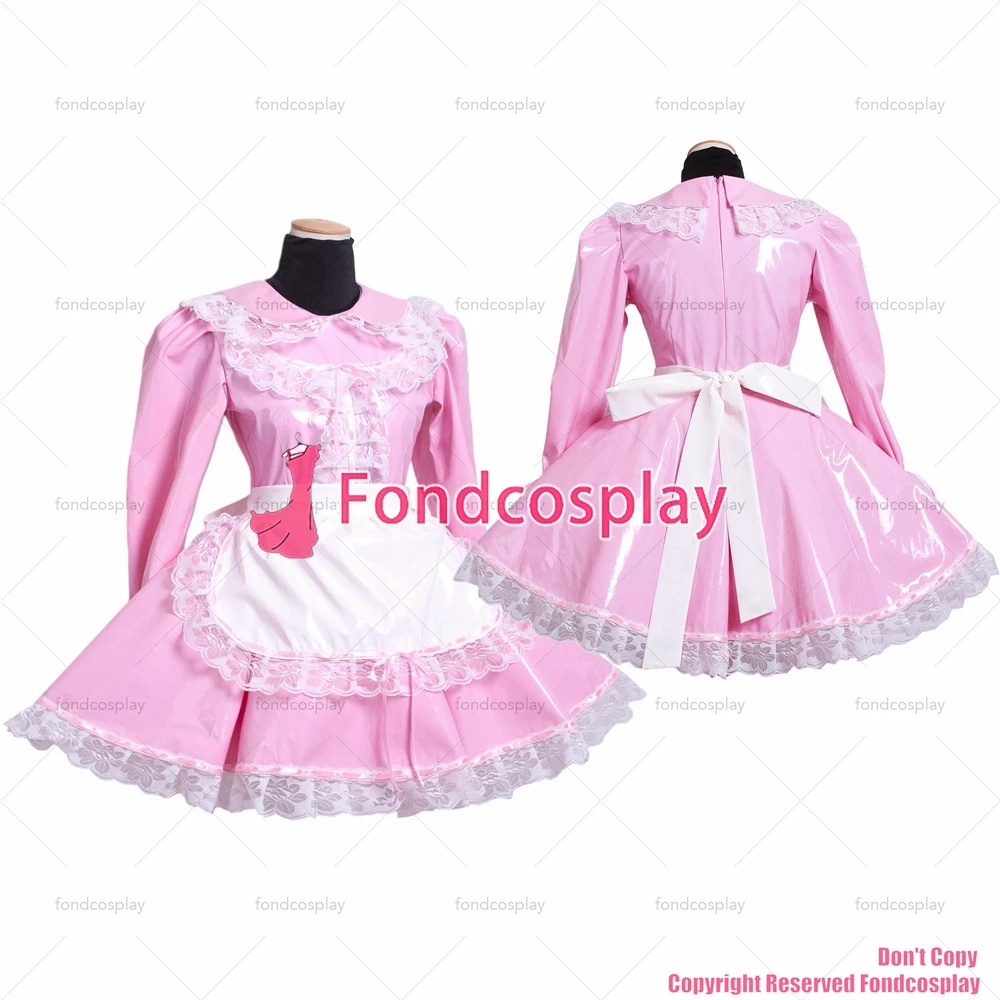 

fondcosplay adult sexy cross dressing sissy maid lockable baby pink heavy PVC dress Uniform white apron CD/TV[G1568]