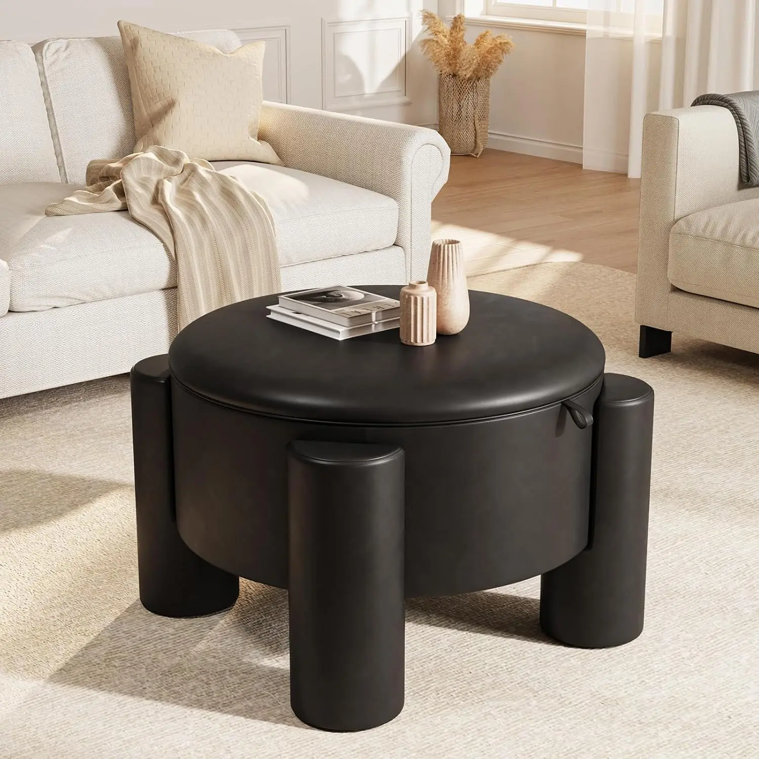 Small Round Storage Ottoman, Faux Leather Coffee Table with Removable Top, Upholstered Stool for Living Room & Apartment, 24 Inc