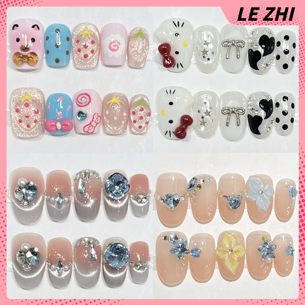 

Cartoon Kawaii Short Square Round Handmade Cat Eyes Full Cover Nails Hello Kitty Wave Point Diamond Flowers Wearable False Nails
