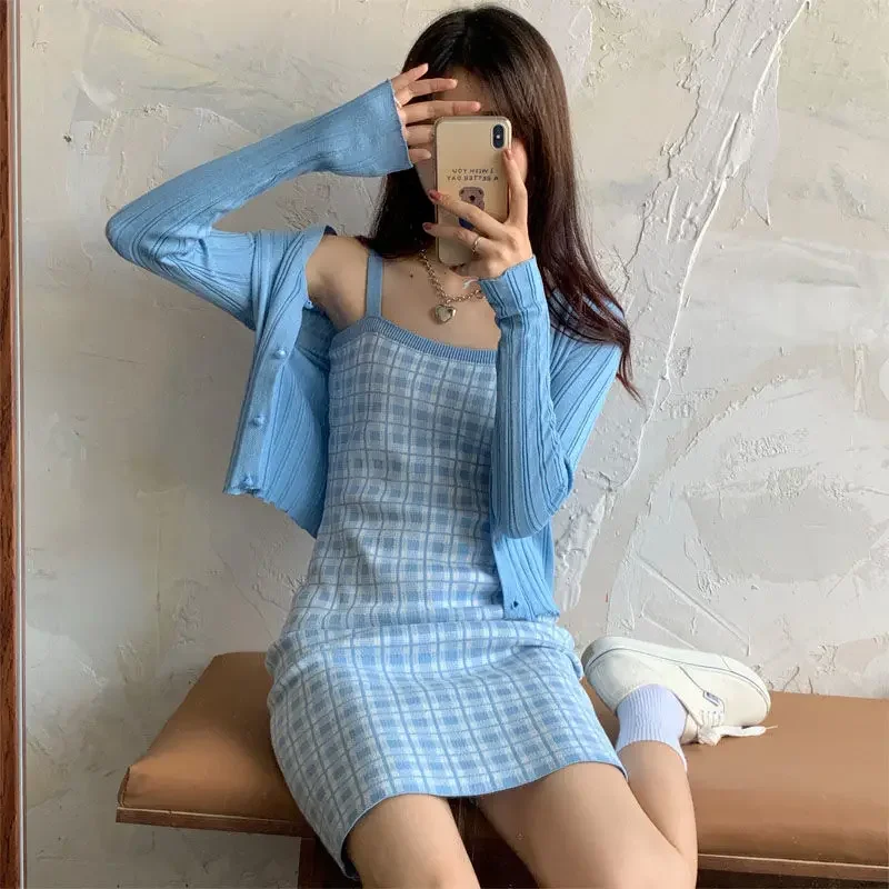 Party Long Sleeve Women\'s Two Piece Set Crochet Pink Midi Plaid Knit Female Outfits Sexy Dress New Matching Summer Fashion 2024