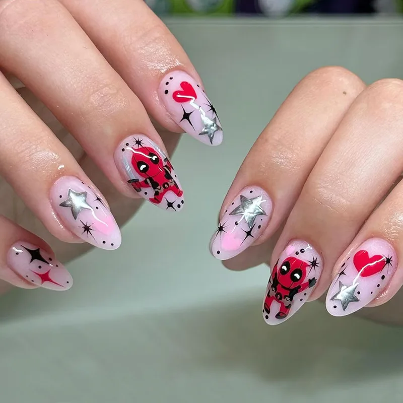 

24pcs Cute Cartoon Press-On Nails - Star & Heart & Polka Dot Designs Medium Almond Shape False Nail For Women Girl