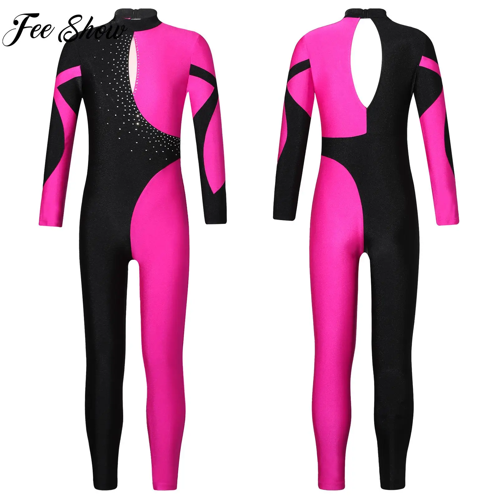 Children Girls Contrast Color Ballet Dance Figure Skating Bodysuit Long Sleeve Jumpsuit Performance Gymnastics Clothes Dancewear