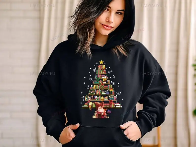 Christmas Tree Bookshelf Snowflake Printed Hoodies New Year Xmas SantaClaus Nap Woman Man Funny Pullover Winter Warm Sweatshirt