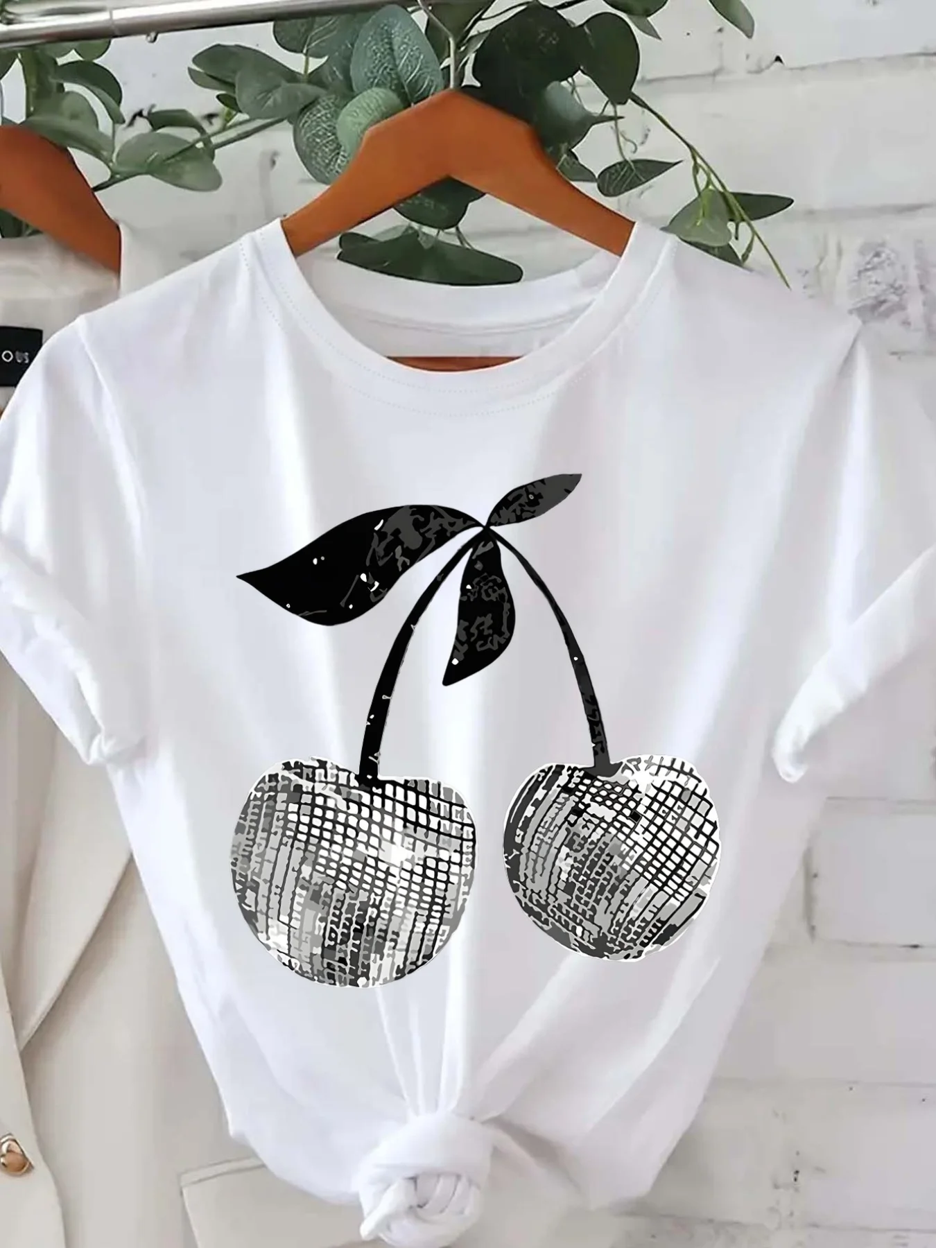 Silver Cherry Graphic Print T-Shirt Short Sleeve Crew Neck Casual Top for Summer & Spring Women' S Clothing