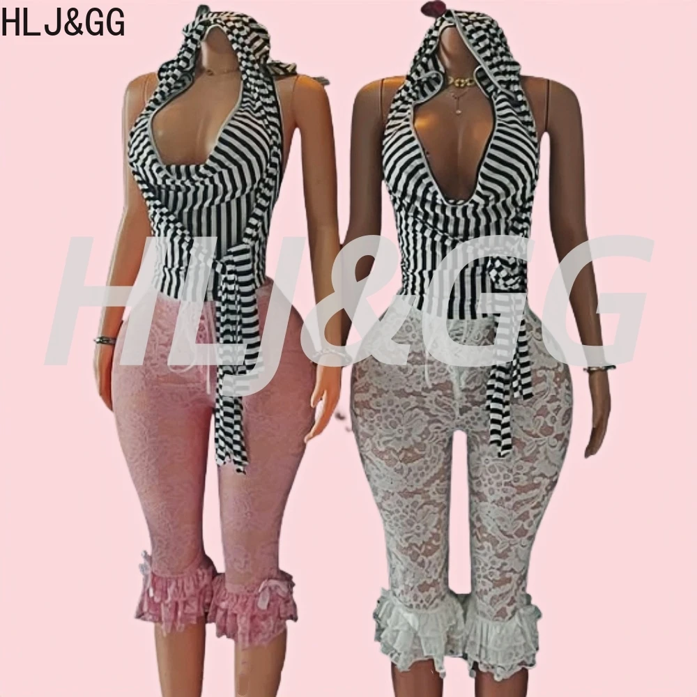 

HLJ&GG Fashion Stripe Hooded Bandage Two Piece Sets Women Sleeveless Backless Crop Top And Lace See Though Ruffle Pants Outfits
